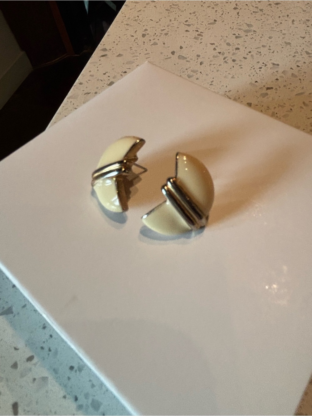 Vintage Moon Shaped Earrings – Gold Tone & Cream Enamel Statement Earrings